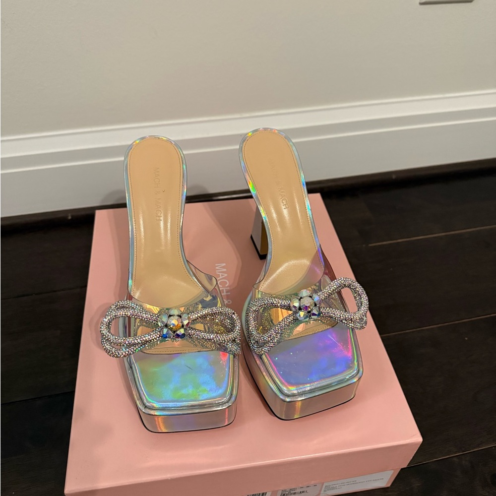 MACH & MACH Iridescent Silver Heels with Crystal Bow